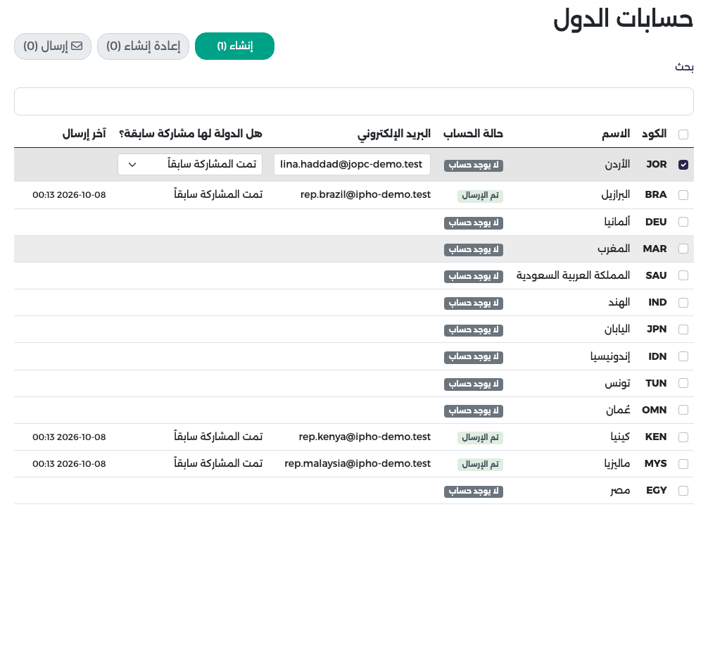اختيار الأردن مع كتابة البريد واختيار تمت المشاركة سابقاً، وزر إنشاء (1)