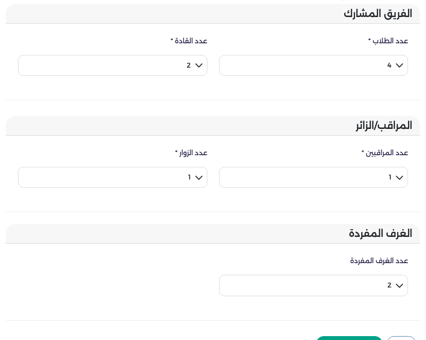 جزء الأعداد في النموذج: الفريق المشارك والمراقبون والزوار والغرف المفردة