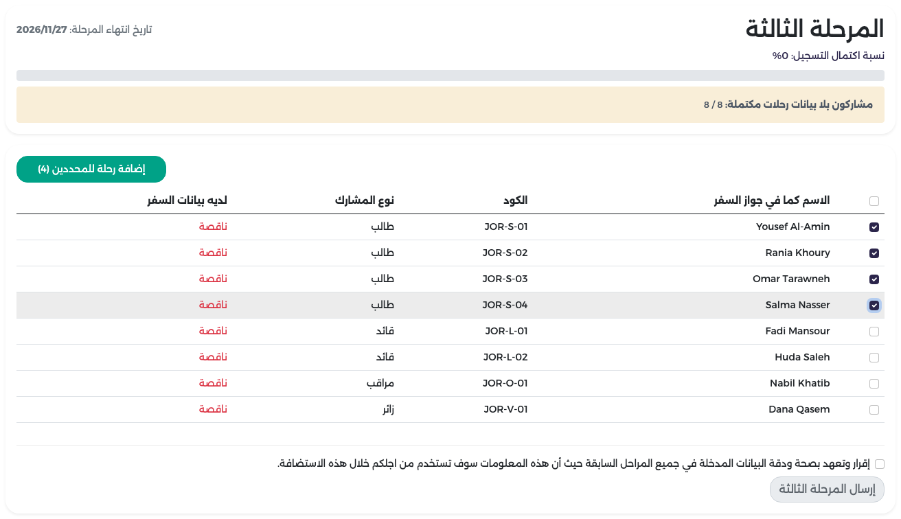 تحديد أربعة طلاب وزر إضافة رحلة للمحددين (4)