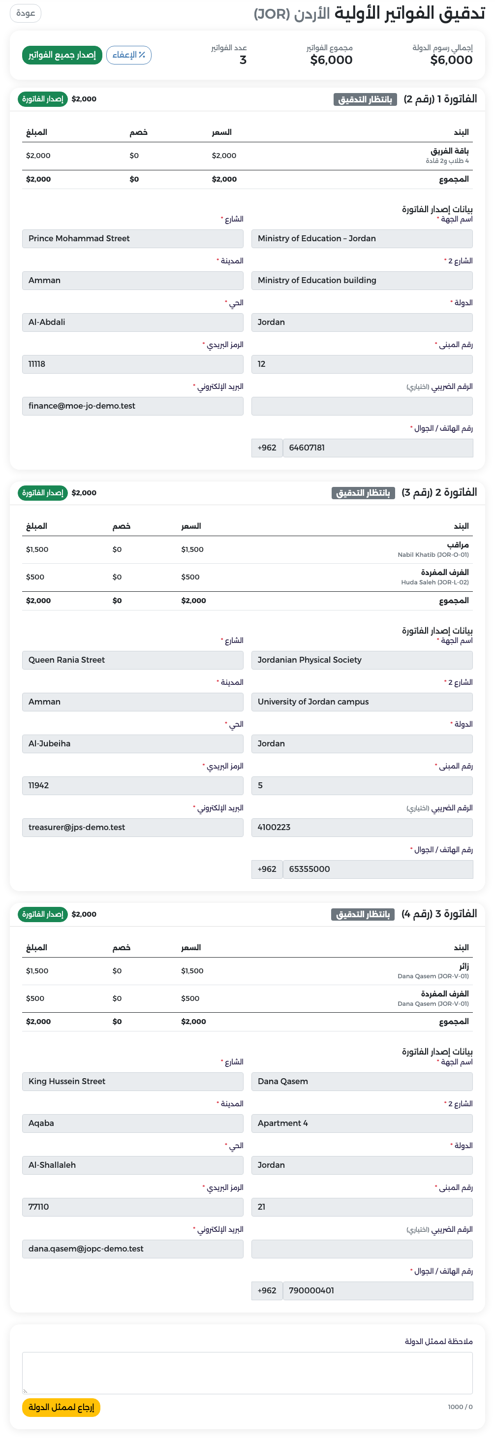 صفحة تدقيق فواتير الأردن: الإجماليات وزرا الإعفاء وإصدار جميع الفواتير والفاتورة 1 (رقم 2) ببنودها وبيانات إصدارها