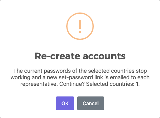 Re-create accounts confirmation: the current passwords stop working and a new set-password link is emailed