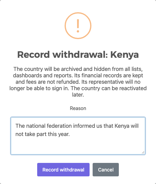 Record withdrawal dialog for Kenya with the warning and the reason
