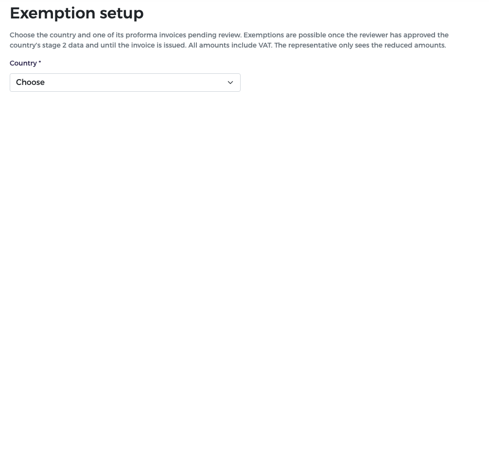 Exemption setup entry page: choose a country, then an invoice