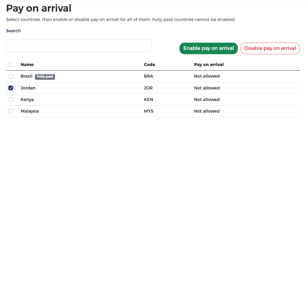 Pay on arrival: Jordan ticked, Enable and Disable pay on arrival buttons; Brazil marked Fully paid