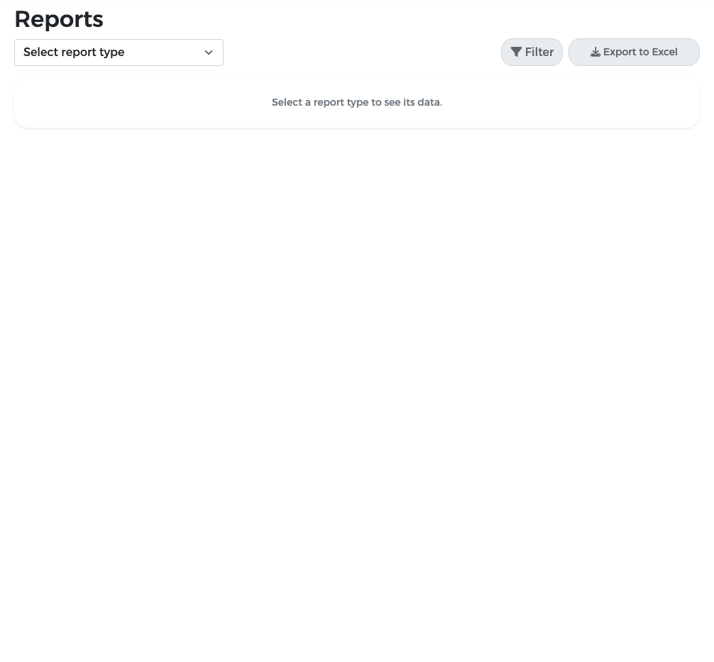 Reports page before choosing a report: Select report type, Filter and Export to Excel