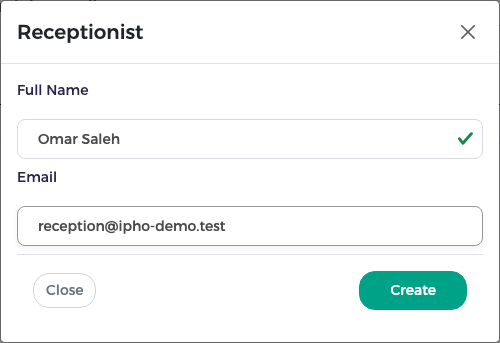 Create user dialog for a receptionist: full name and e-mail