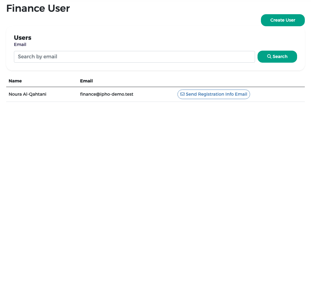 Finance User page: finance users