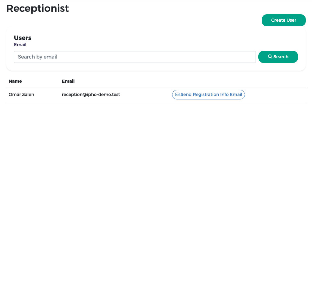 Omar Saleh listed on the Receptionist page with Send Registration Info Email