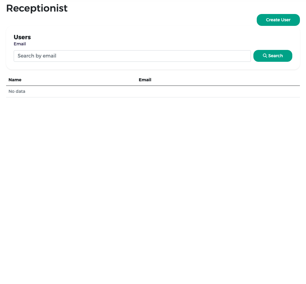 Receptionist page, empty, with Create User and the Users search