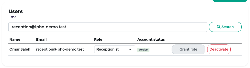 Users search result for the receptionist: role picker, Active, Grant role, Deactivate