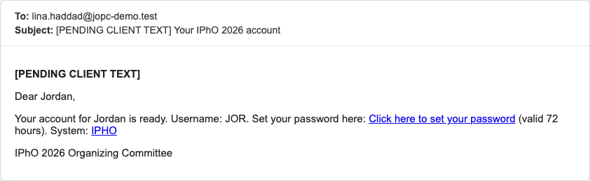 Welcome e-mail for Jordan with the user name JOR and the link to set the password