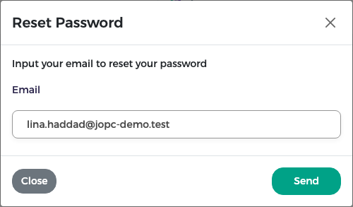 Reset Password window with the e-mail typed and the Send button