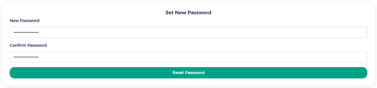 Set New Password page with New Password, Confirm Password and the Reset Password button
