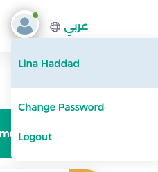 User menu of a representative with the coordinator's name Lina Haddad, Change Password and Logout