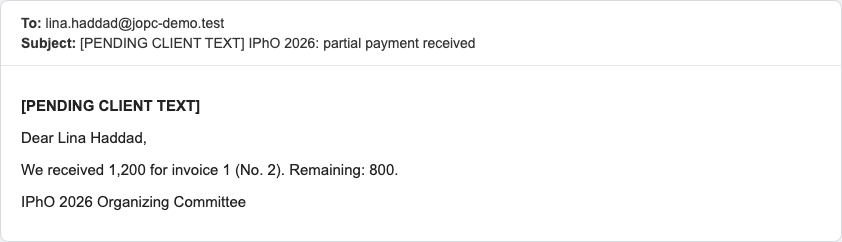 E-mail: partial payment received, remaining amount