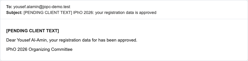 E-mail to a participant: your registration data is approved