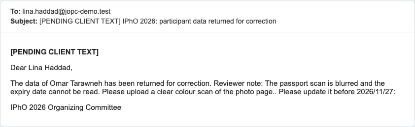 E-mail: participant data returned for correction, with the reviewer's note
