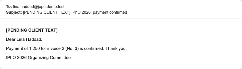 E-mail: payment of 1,250 for invoice 2 (No. 3) is confirmed