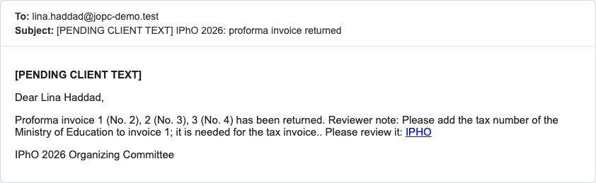 E-mail to the representative: proforma invoices returned, with the note