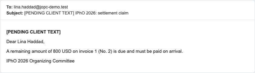 E-mail: settlement claim of 800 USD due on arrival