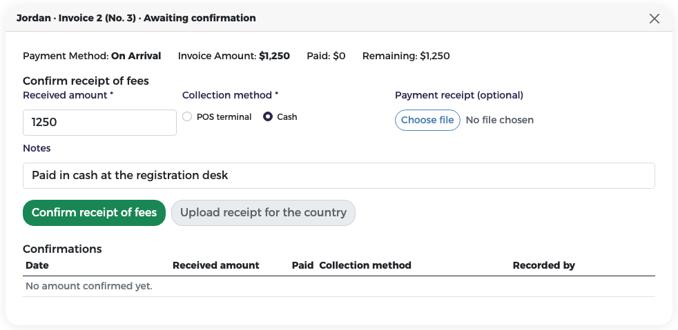 Jordan's Invoice 2 (No. 3) on arrival: amount 1250, collection method Cash, a note