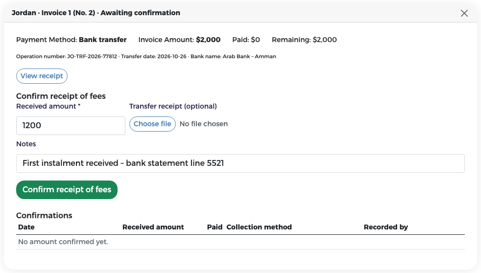 Jordan's Invoice 1 (No. 2): transfer details, View receipt, received amount 1200 and a note