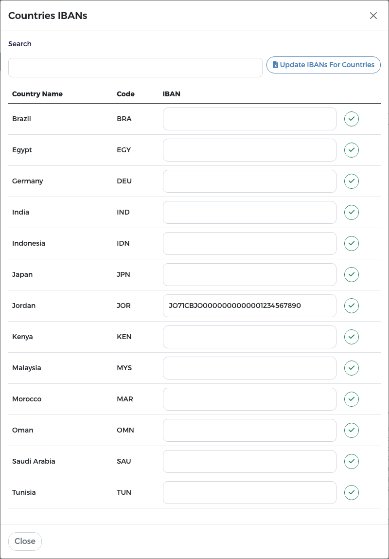 Countries IBANs: one IBAN field per country, Jordan filled in; Update IBANs For Countries