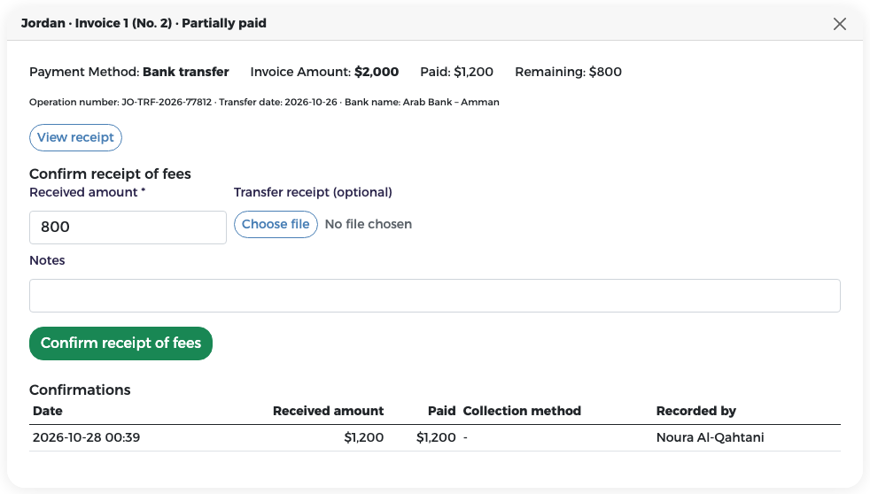 Invoice 1 (No. 2) Partially paid: paid $1,200, remaining $800, with the confirmation history