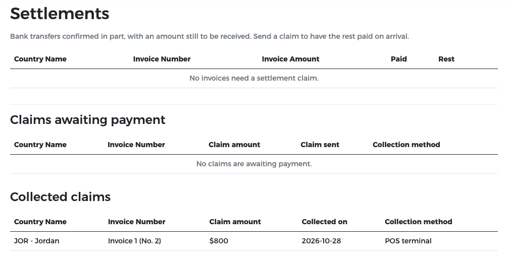 Collected claims: Jordan's Invoice 1 (No. 2), $800, collected by POS terminal