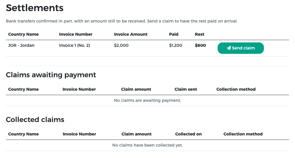 Settlements: Jordan's Invoice 1 (No. 2), paid $1,200, rest $800, with Send claim