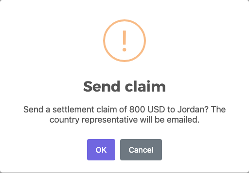 Confirmation: send a settlement claim of 800 USD to Jordan? The country representative will be emailed.