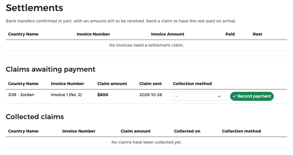 Claim for Jordan's Invoice 1 (No. 2), $800, under Claims awaiting payment with a Collection method picker and Record payment