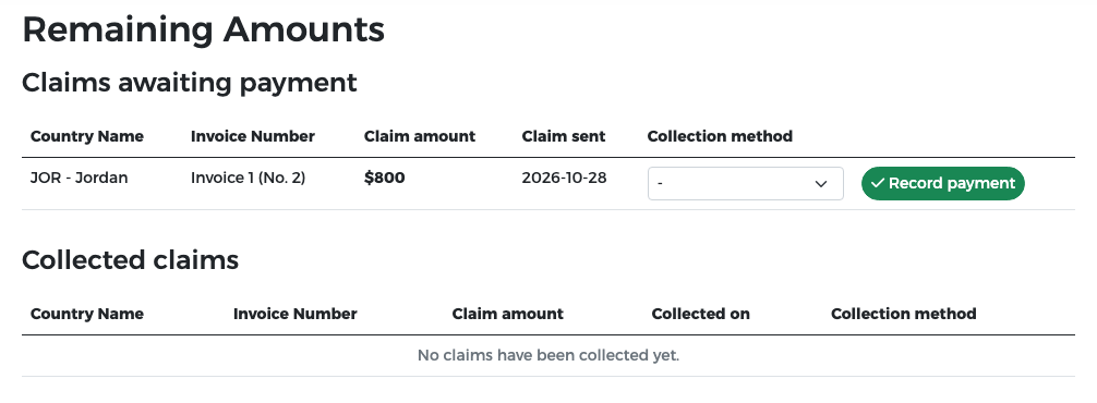 Remaining Amounts for the receptionist: Jordan's Invoice 1 (No. 2), claim $800, with Collection method and Record payment