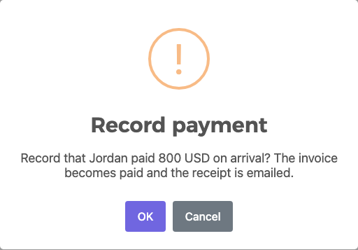 Confirmation: record that Jordan paid 800 USD on arrival