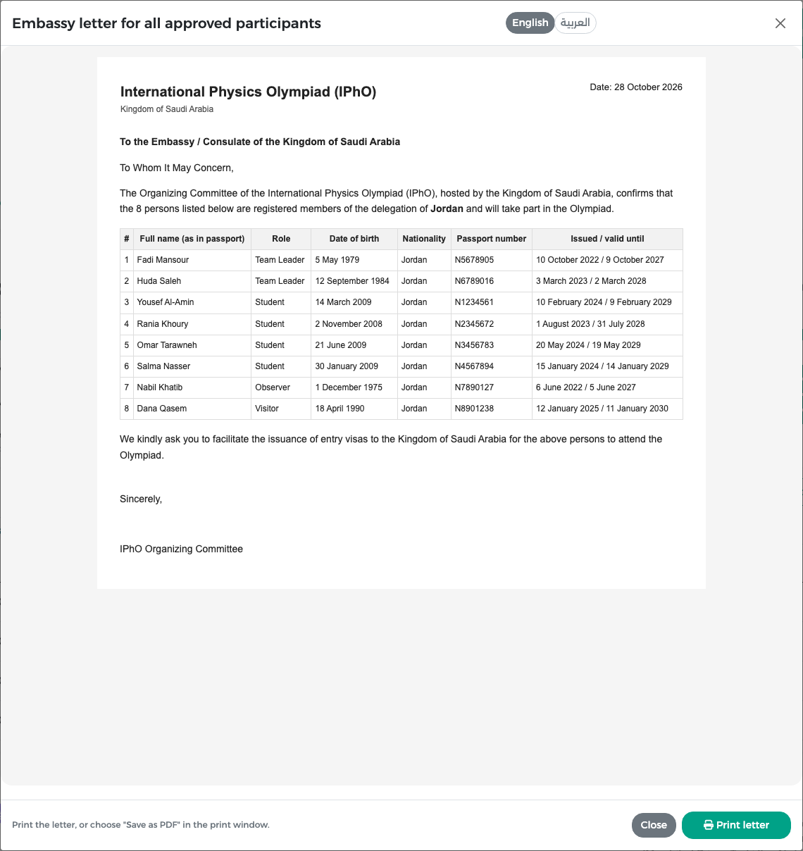 Group embassy letter in English for the 8 members of Jordan's delegation