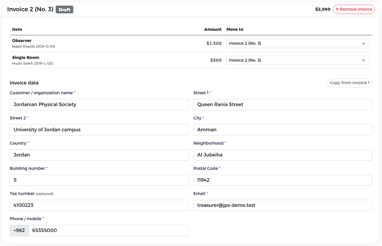 One invoice card with its lines and the full invoice data form