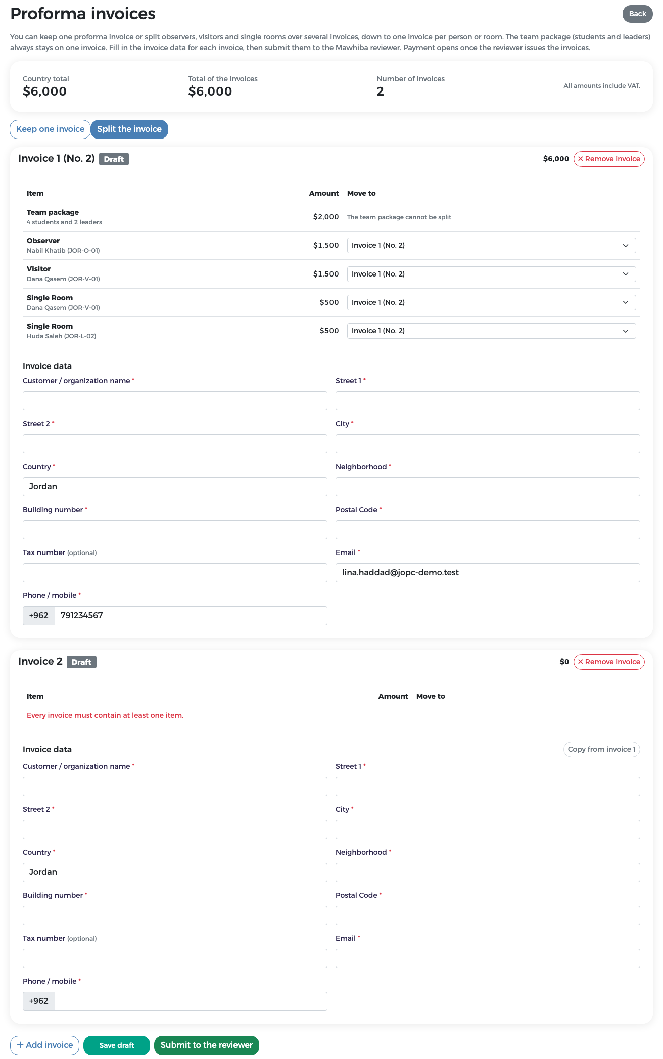 Split mode: Invoice 1 with Move to pickers and a new empty Invoice 2