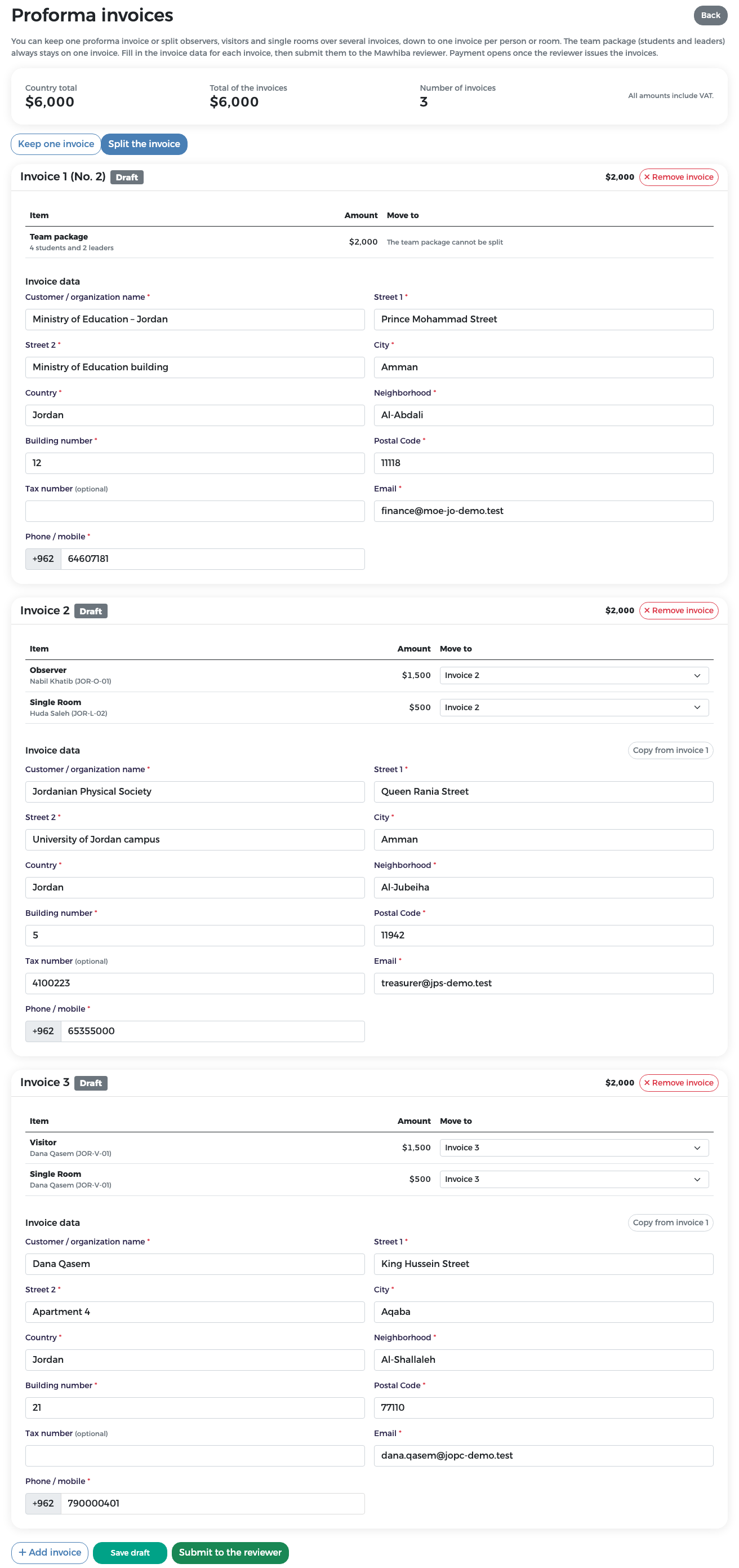 Three invoices: team package, observer with a single room, visitor with a single room, each with its own billing data