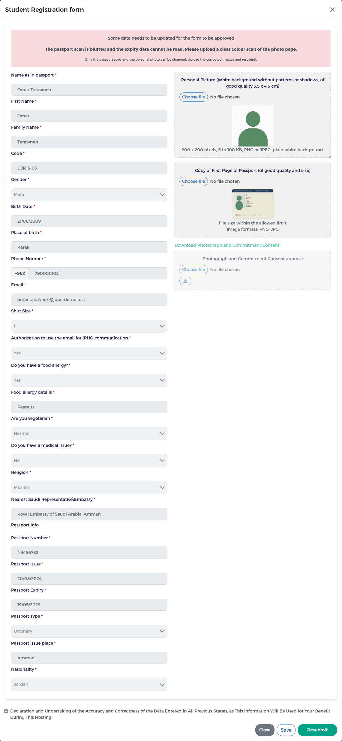 Returned participant form with the reviewer's note in a red box and the Resubmit button