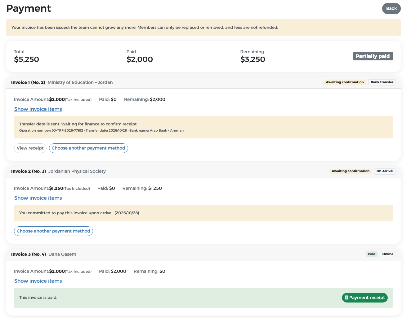 Payment page after the choices: two invoices Awaiting confirmation and one Paid
