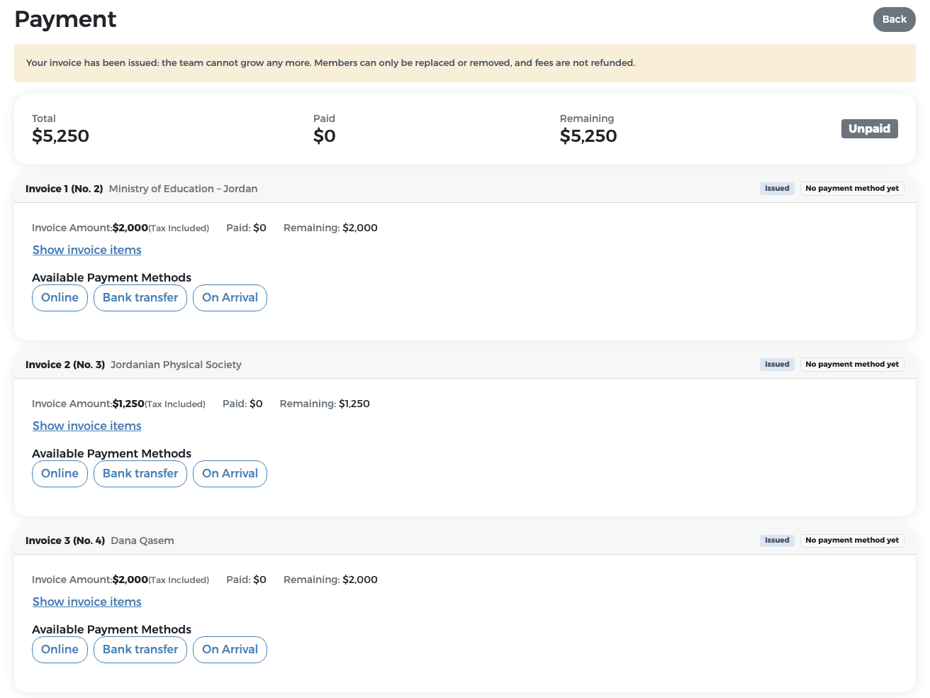 Payment page with three issued invoices and the available payment methods