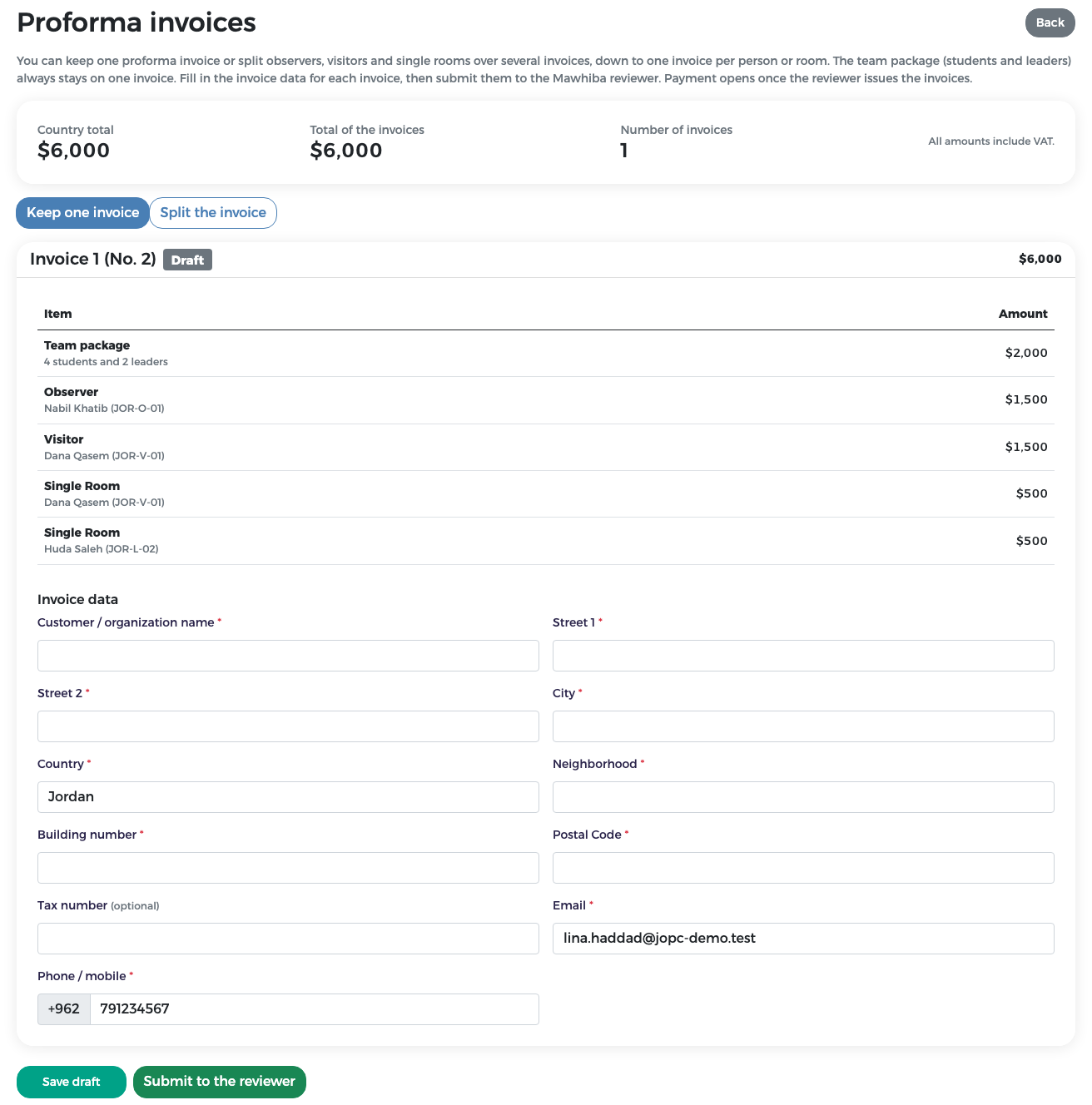Proforma invoices page with one invoice containing all lines and the invoice data form