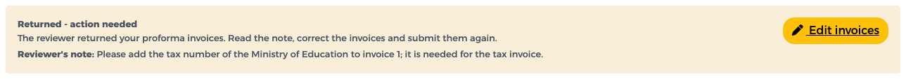 Returned - action needed banner with the reviewer's note and the Edit invoices button