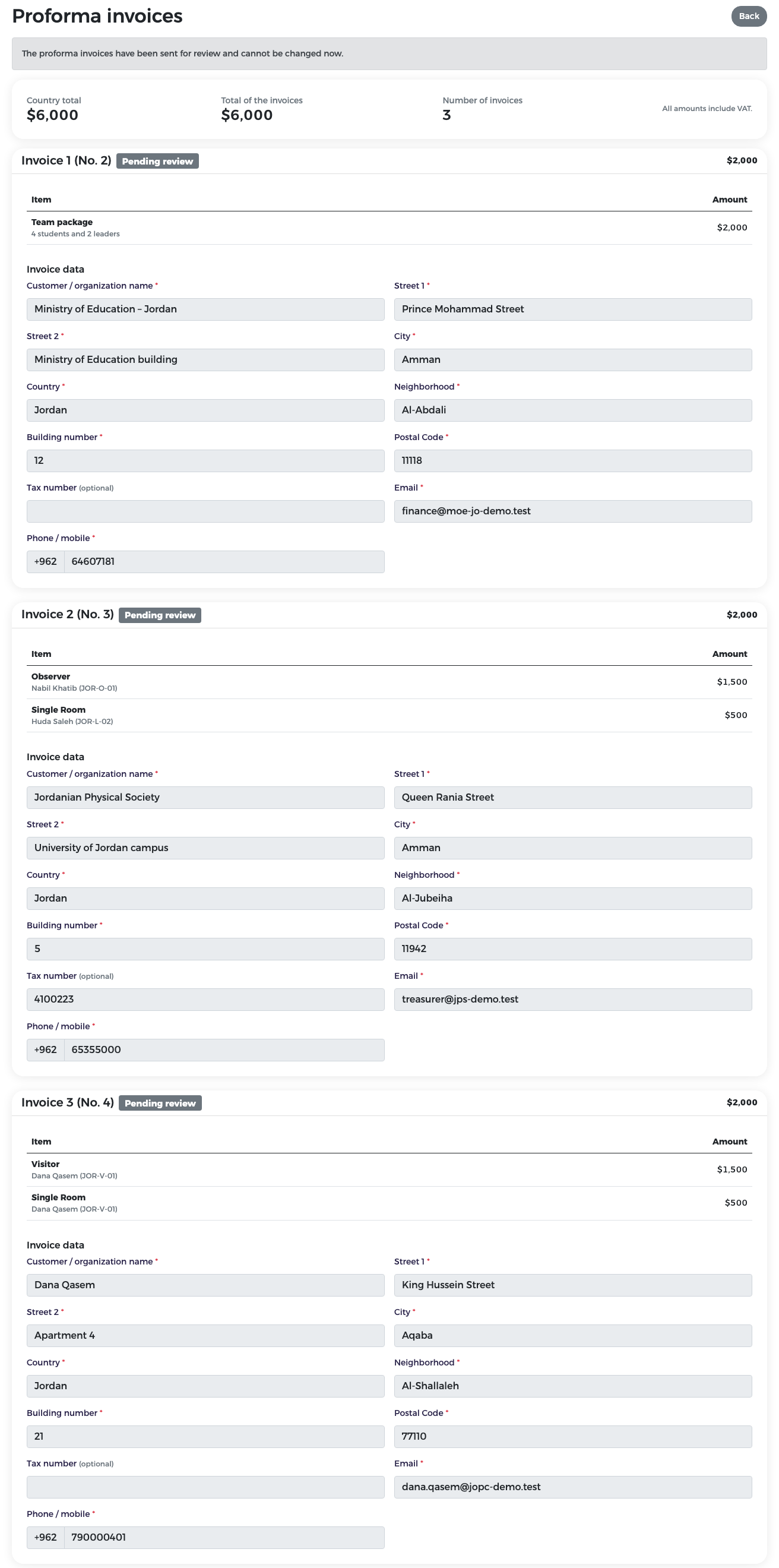 Three invoices Pending review, form locked