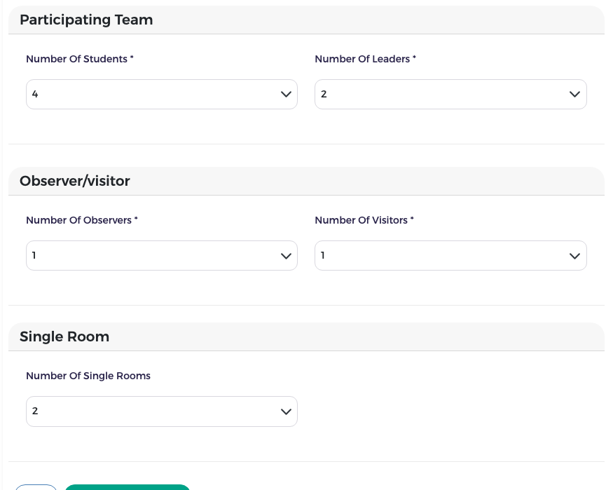 Counts part of the form: participating team, observers and visitors, single rooms