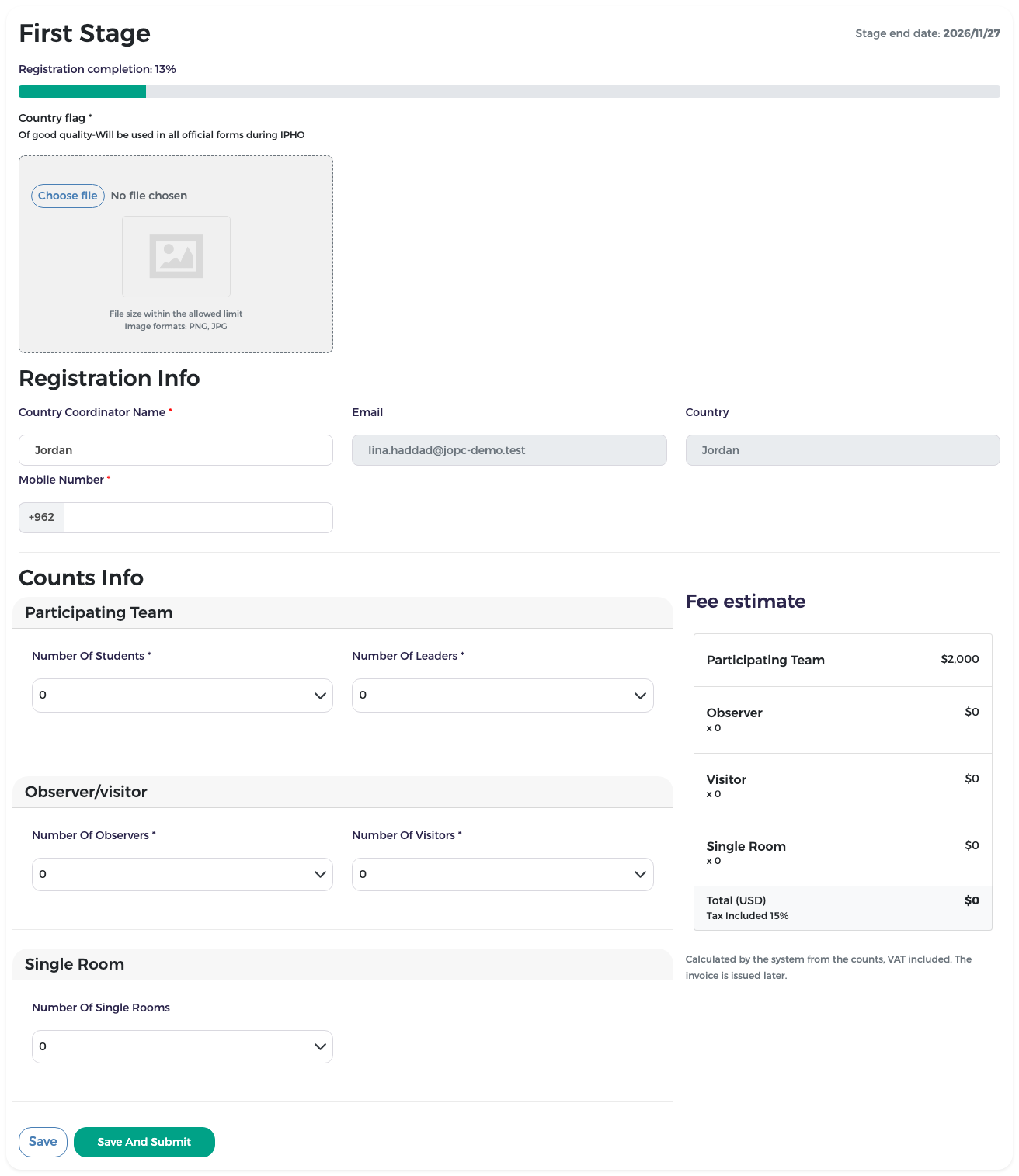 Empty First Stage form with flag upload, registration info, counts and fee estimate