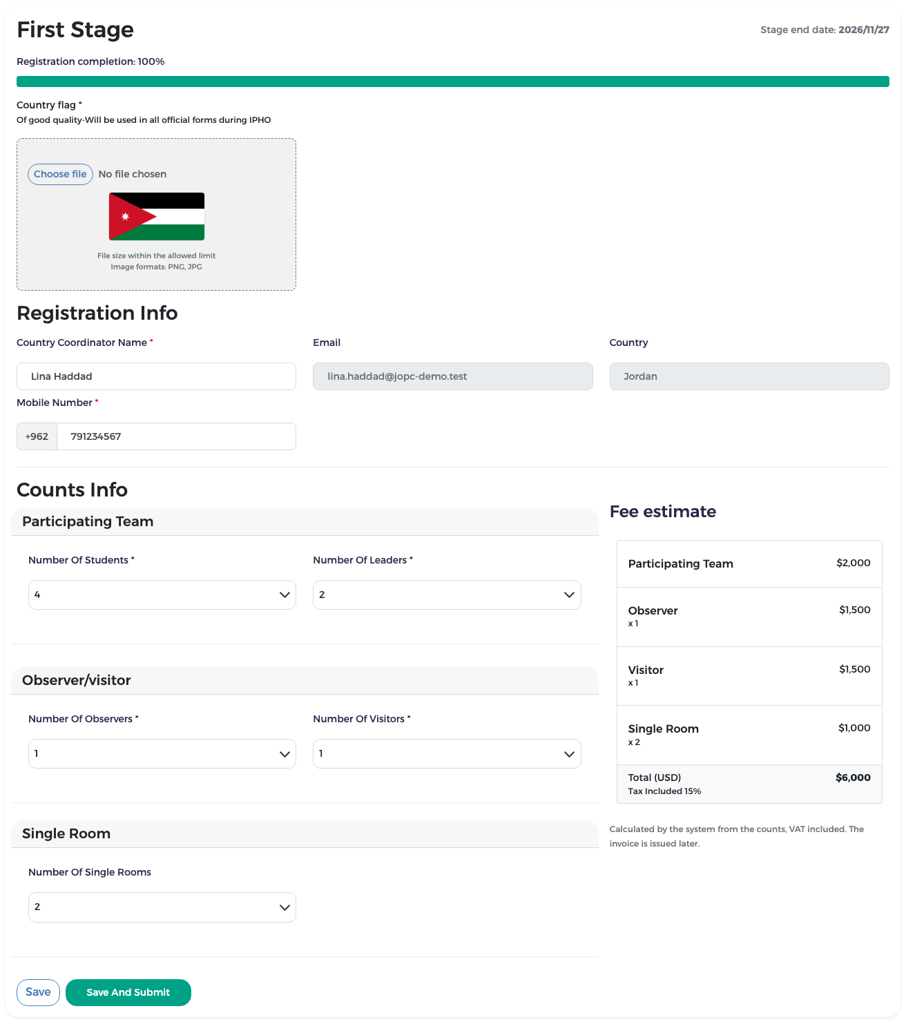 The form after Save: Registration completion 100 %