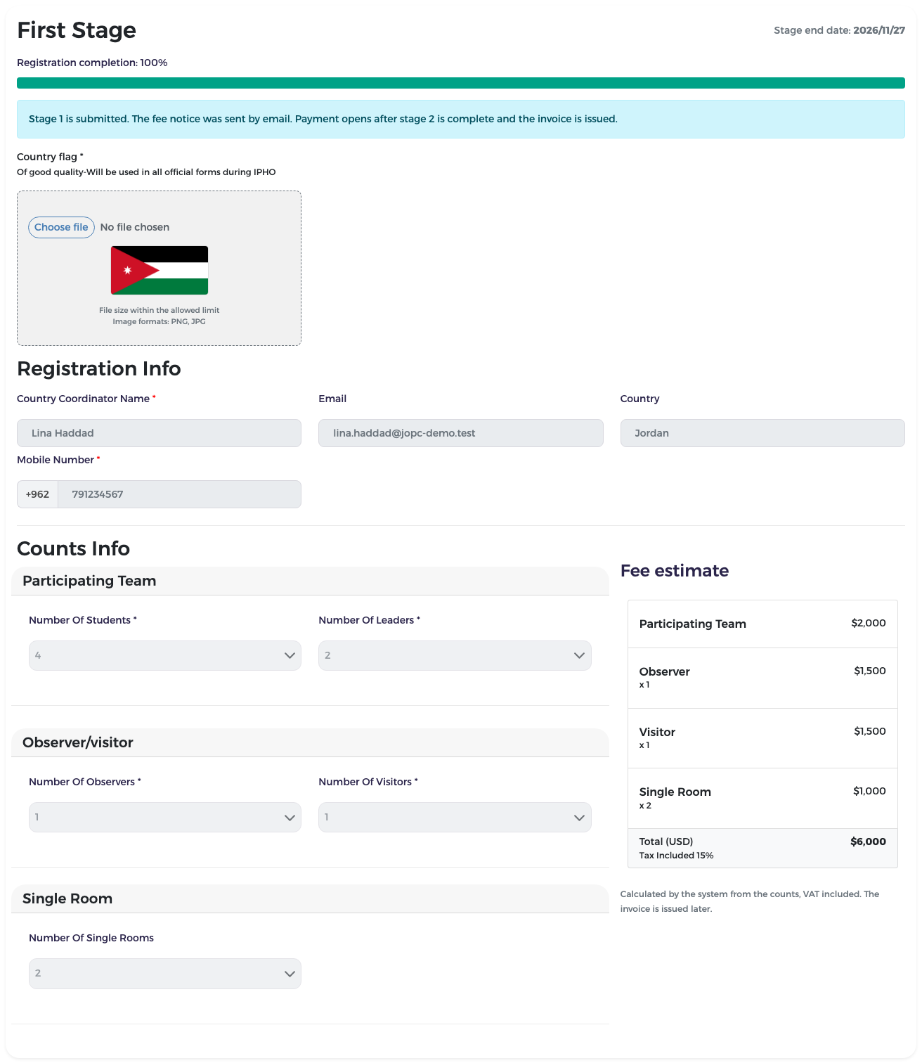 Stage 1 locked after submitting, with the note about the fee notice