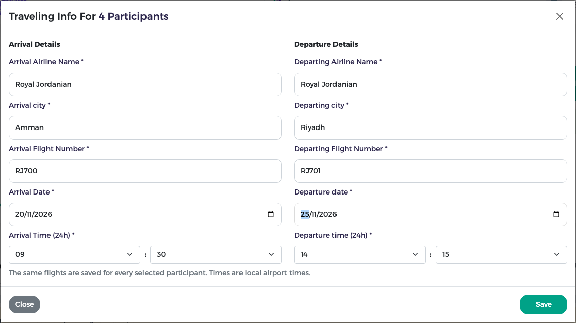 Traveling Info window for 4 participants with arrival and departure details