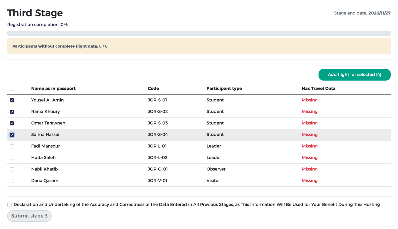 Four students ticked and the Add flight for selected (4) button